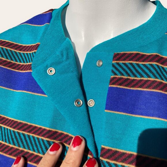Henley Neck Blue and Green Striped Dolman Sleeve Blouse Medium / Large - Picture 6 of 7